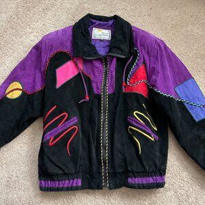 Mesa Ridge Suede Coat Womens M Purple Black Leather Southwestern Bomber Jacket